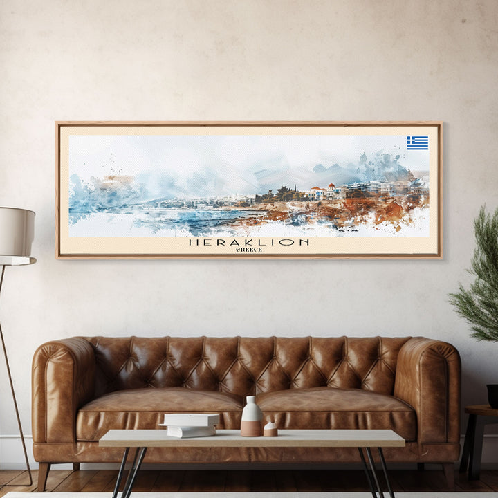 Heraklion Greece Panoramic Travel Poster, Framed Canvas Print or Metal Wall Art, Travel Art, Home Decor, Panoramic Painting, Midcentury Art