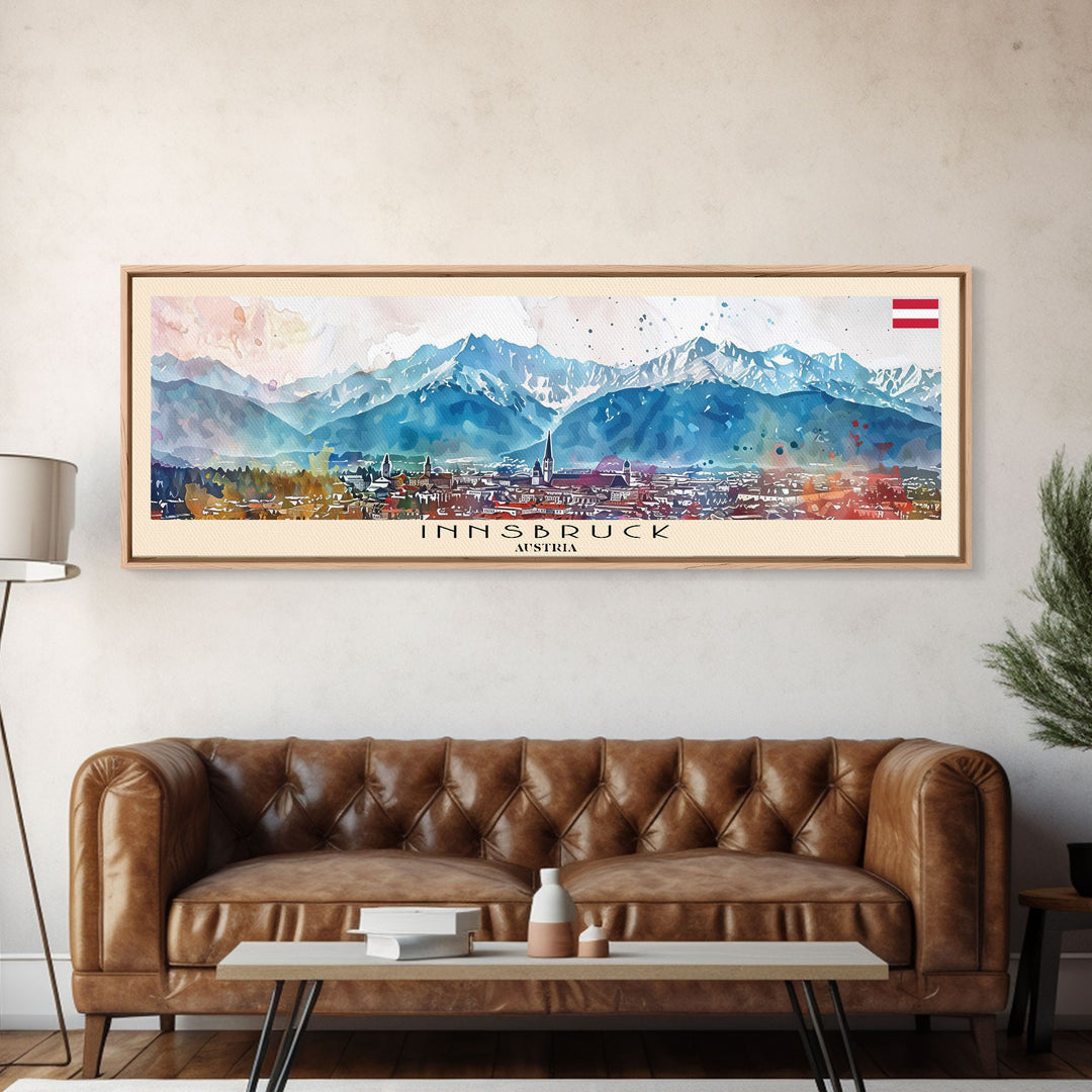 Innsbruck Austria Panoramic Travel Poster, Framed Canvas Print or Metal Wall Art, Travel Art, Home Decor, Panoramic Painting, Midcentury Art