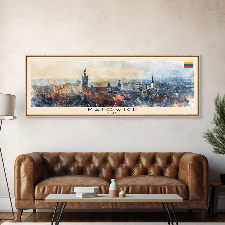 Katowice Poland Wall Art, Panoramic Travel Poster, Panoramic Framed Canvas Print, City Wall Art, Wall Hanging Home Decor, Travel Art
