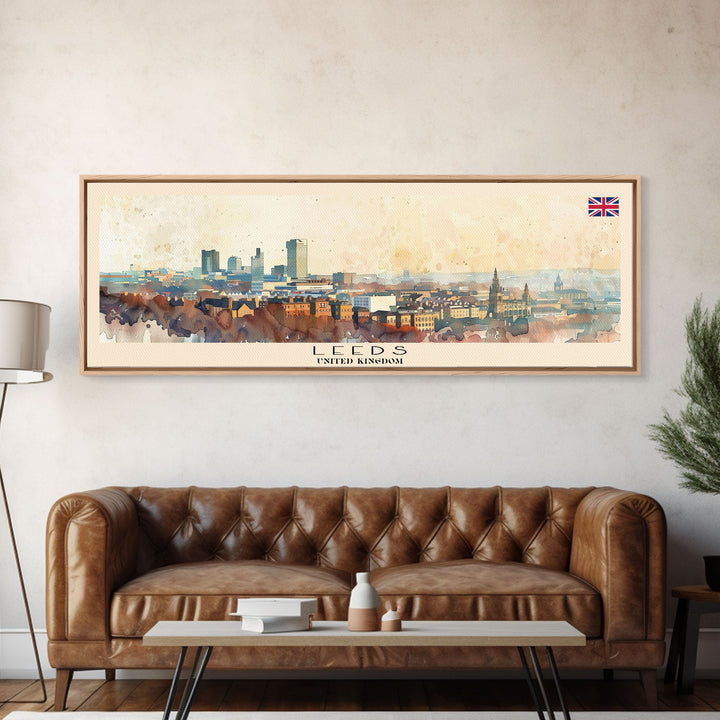 Leeds United Kingdom Panoramic Travel Poster, Framed Canvas Print or Metal Wall Art, Travel Art, Home Decor, Panoramic Painting, Midcentury Art