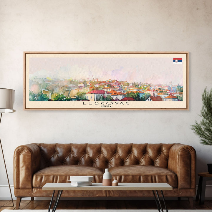 Leskovac Serbia Panoramic Travel Poster, Framed Canvas Print or Metal Wall Art, Travel Art, Home Decor, Panoramic Painting, Midcentury Art