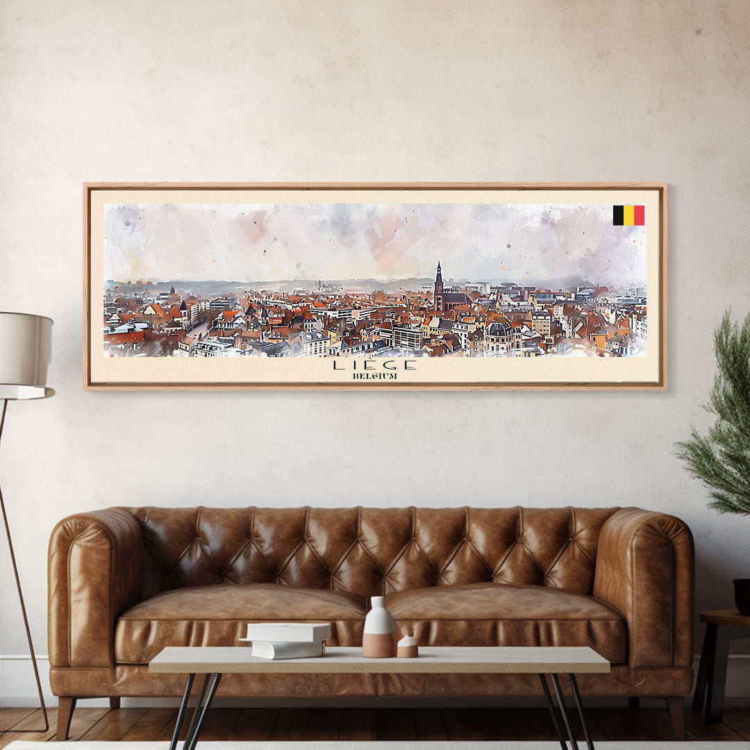 Liege Belgium Panoramic Travel Poster, Framed Canvas Print or Metal Wall Art, Travel Art, Home Decor, Panoramic Painting, Midcentury Art