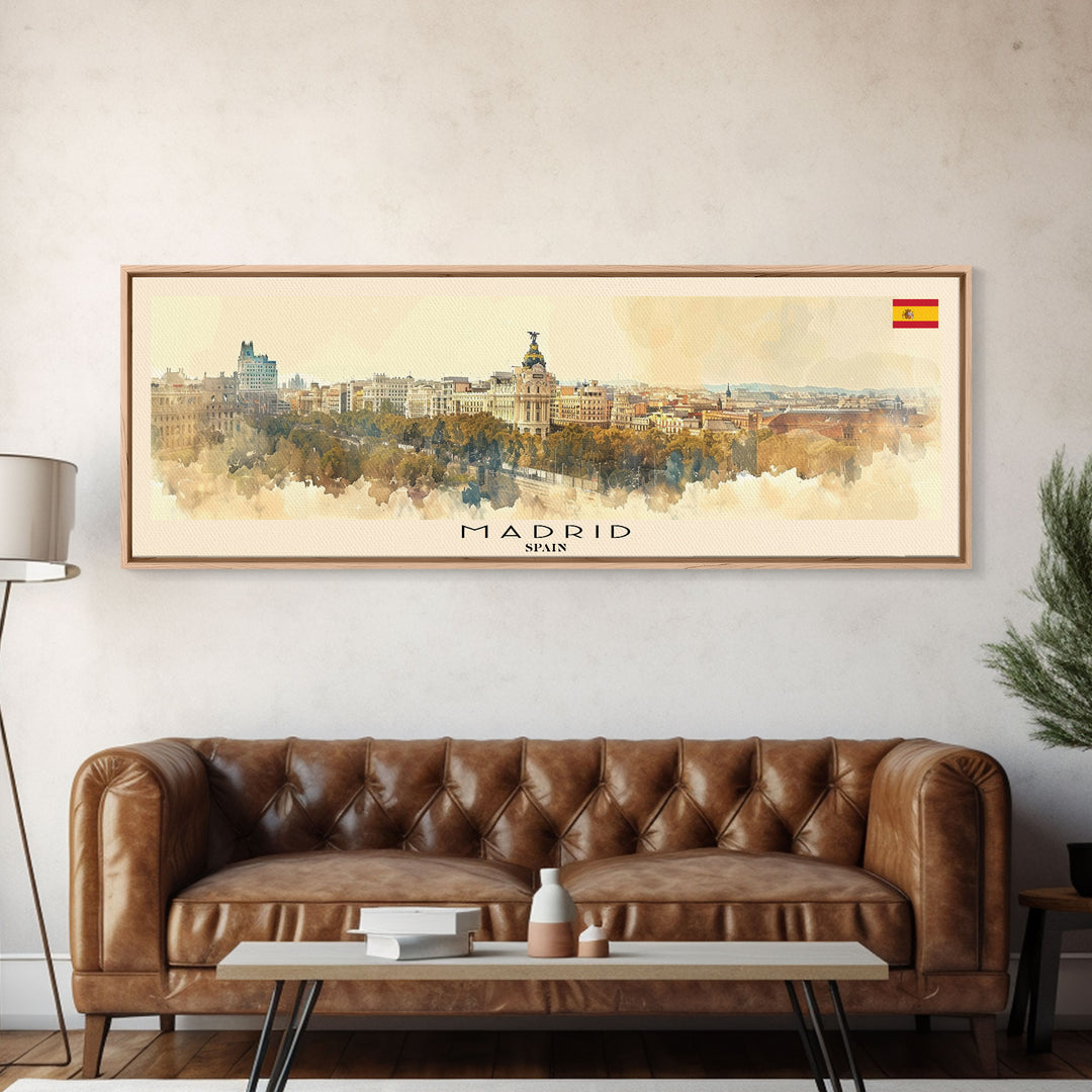 Madrid Spain Panoramic Travel Poster, Framed Canvas Print or Metal Wall Art, Travel Art, Home Decor, Panoramic Painting, Midcentury Art