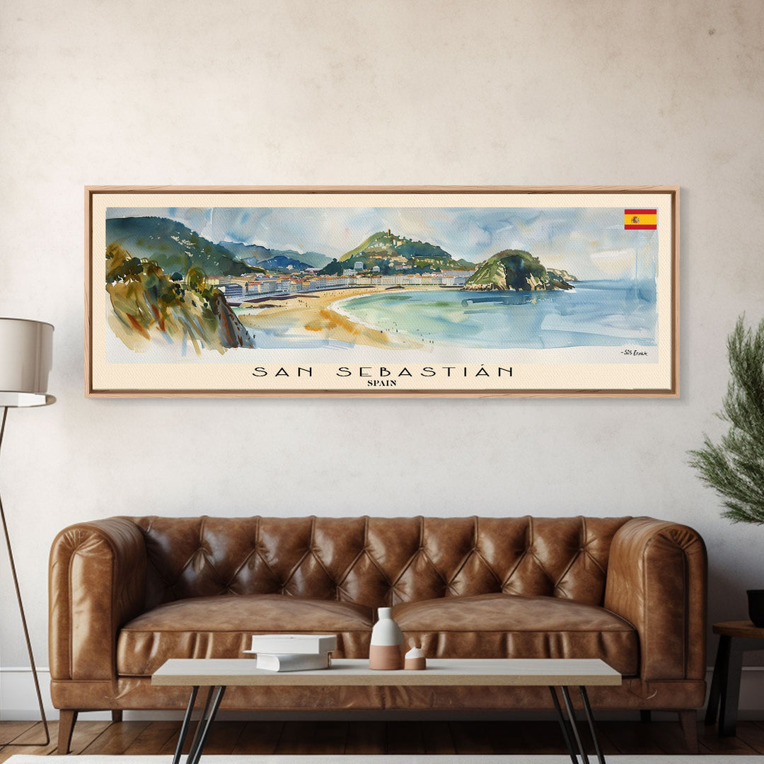 San Sebastian Spain Panoramic Travel Poster, Framed Canvas Print or Metal Wall Art, Travel Art, Home Decor, Panoramic Painting, Midcentury Art