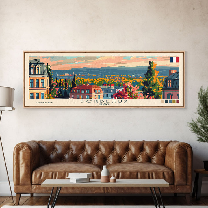 Bordeaux France Panoramic Travel Poster, Framed Canvas Print or Metal Wall Art, Travel Art, Home Decor, Panoramic Painting, Midcentury Art