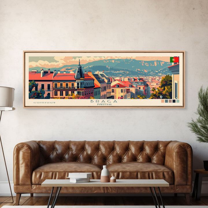 Braga Portugal Travel Art, City Art, Framed Canvas Print or Metal Wall Art, Europe Travel Poster, Panoramic Wall Art, Extra Wide Wall Art