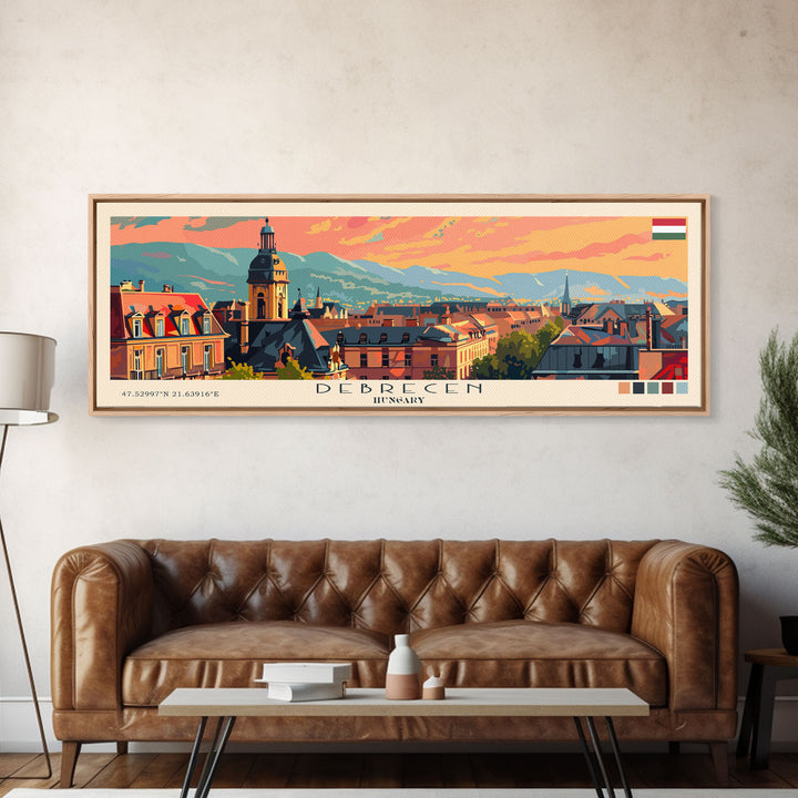 Debrecen Hungary Panoramic Travel Poster, Framed Canvas Print or Metal Wall Art, Travel Art, Home Decor, Panoramic Painting, Midcentury Art