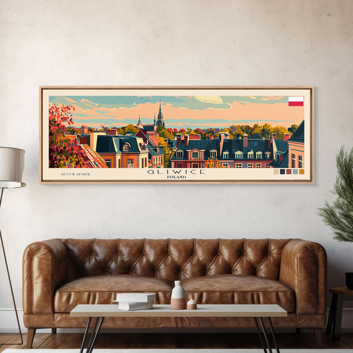 Gliwice Poland Panoramic Travel Poster, Framed Canvas Print or Metal Wall Art, Travel Art, Home Decor, Panoramic Painting, Midcentury Art
