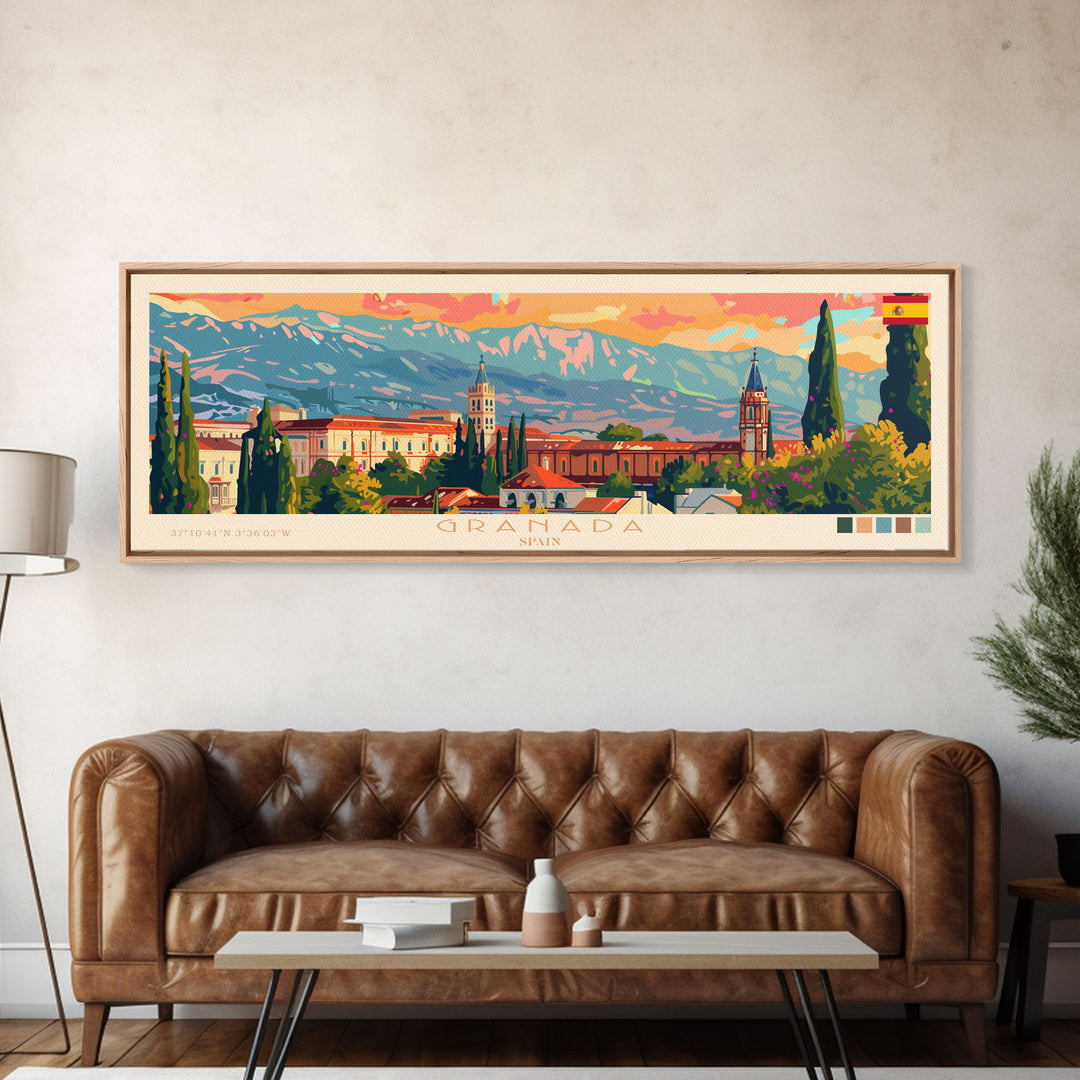 Granada Spain Panoramic Travel Poster, Framed Canvas Print or Metal Wall Art, Travel Art, Home Decor, Panoramic Painting, Midcentury Art
