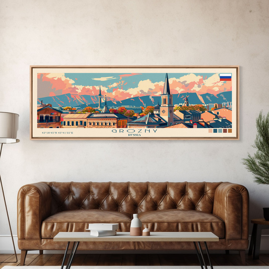 Grozny Russia Panoramic Travel Poster, Framed Canvas Print or Metal Wall Art, Travel Art, Home Decor, Panoramic Painting, Midcentury Art