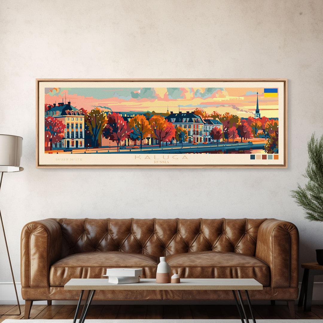 Kaluga Russia Panoramic Travel Poster, Framed Canvas Print or Metal Wall Art, Travel Art, Home Decor, Panoramic Painting, Midcentury Art