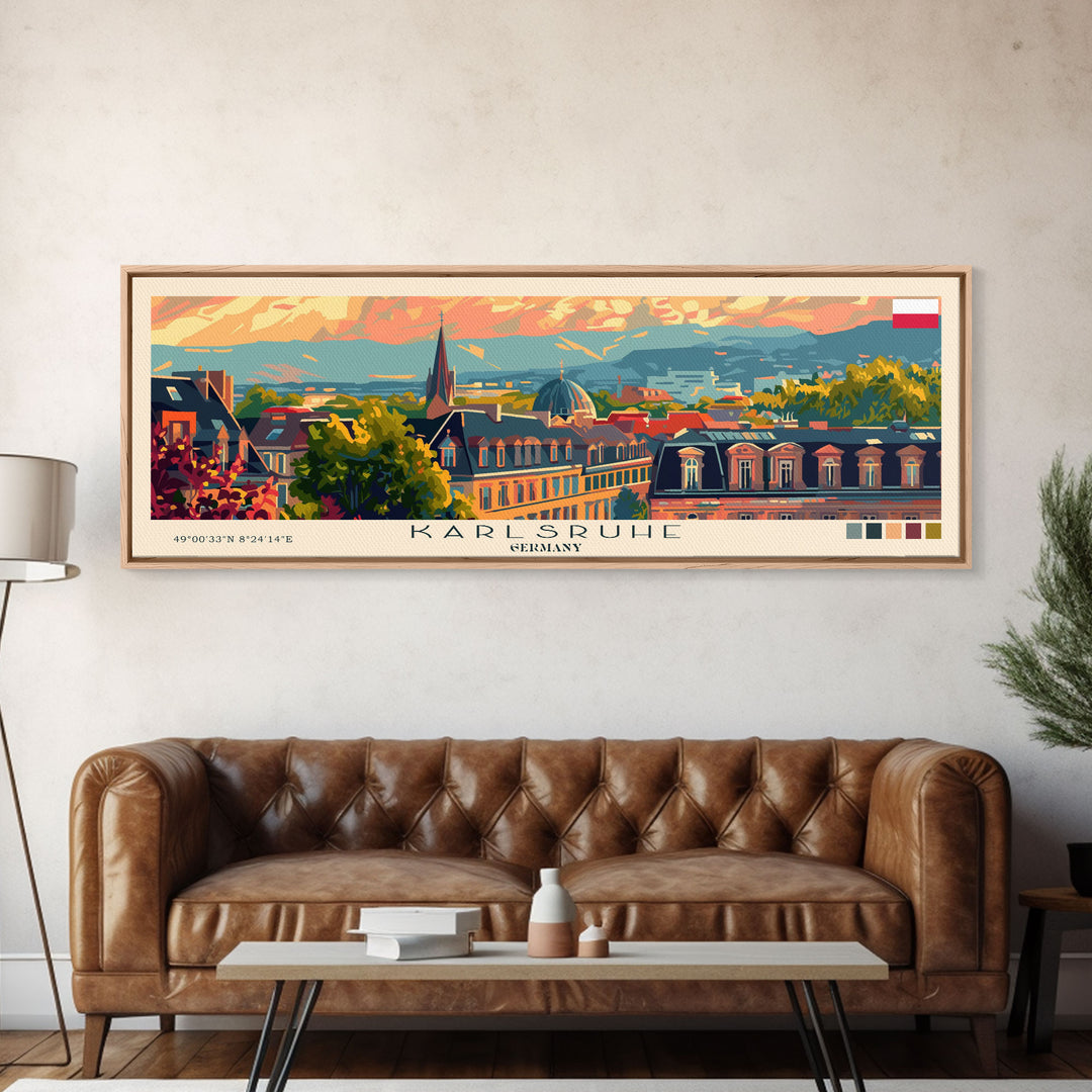Karlsruhe Germany Panoramic Travel Poster, Framed Canvas Print or Metal Wall Art, Travel Art, Home Decor, Panoramic Painting, Midcentury Art