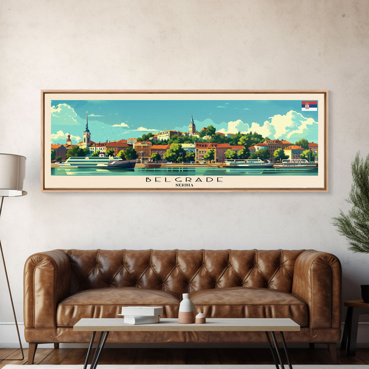 Belgrade Serbia Panoramic Travel Poster, Framed Canvas Print or Metal Wall Art, Travel Art, Home Decor, Panoramic Painting, Midcentury Art
