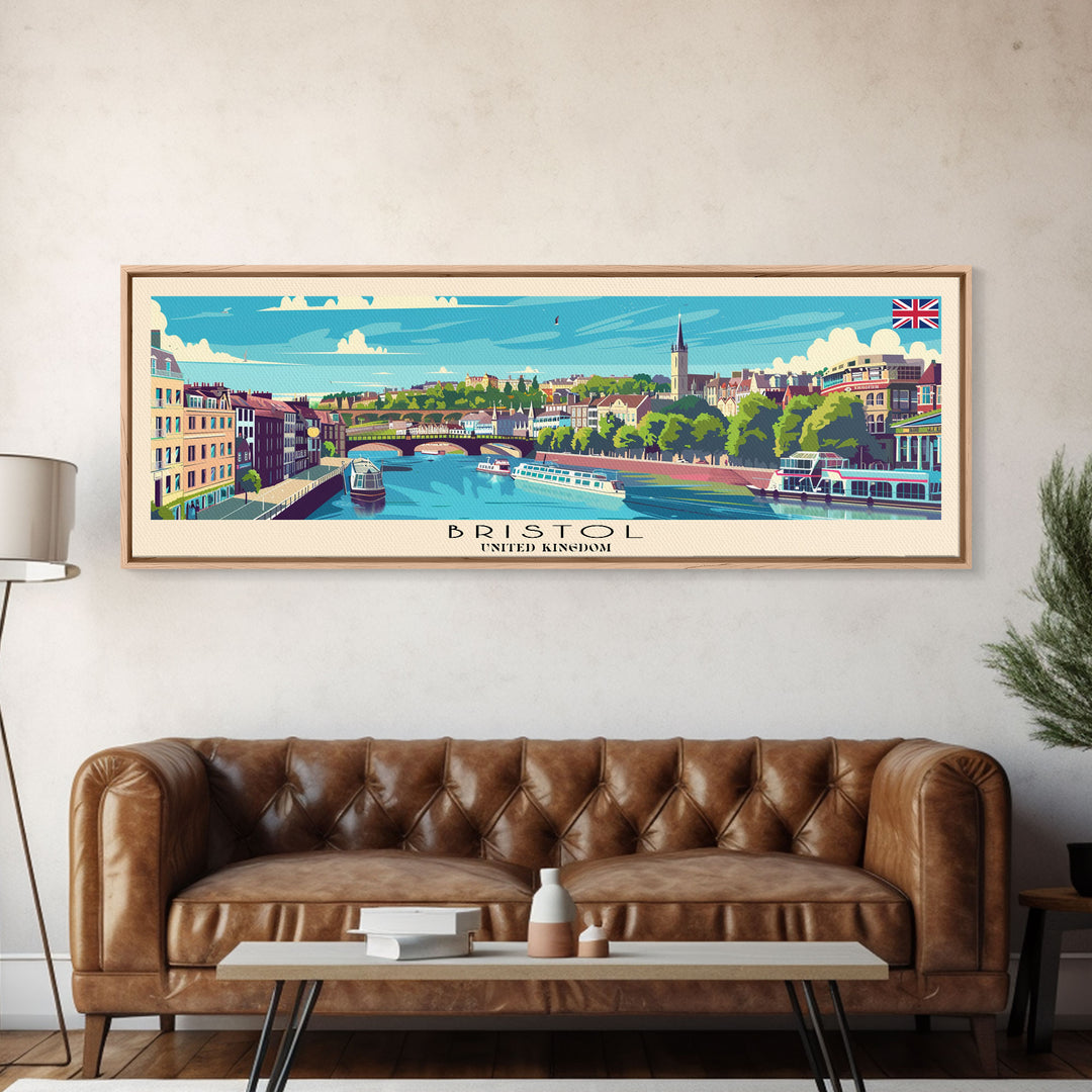 Bristol United Kingdom Panoramic Travel Poster, Framed Canvas Print or Metal Wall Art, Travel Art, Home Decor, Panoramic Painting, Midcentury Art