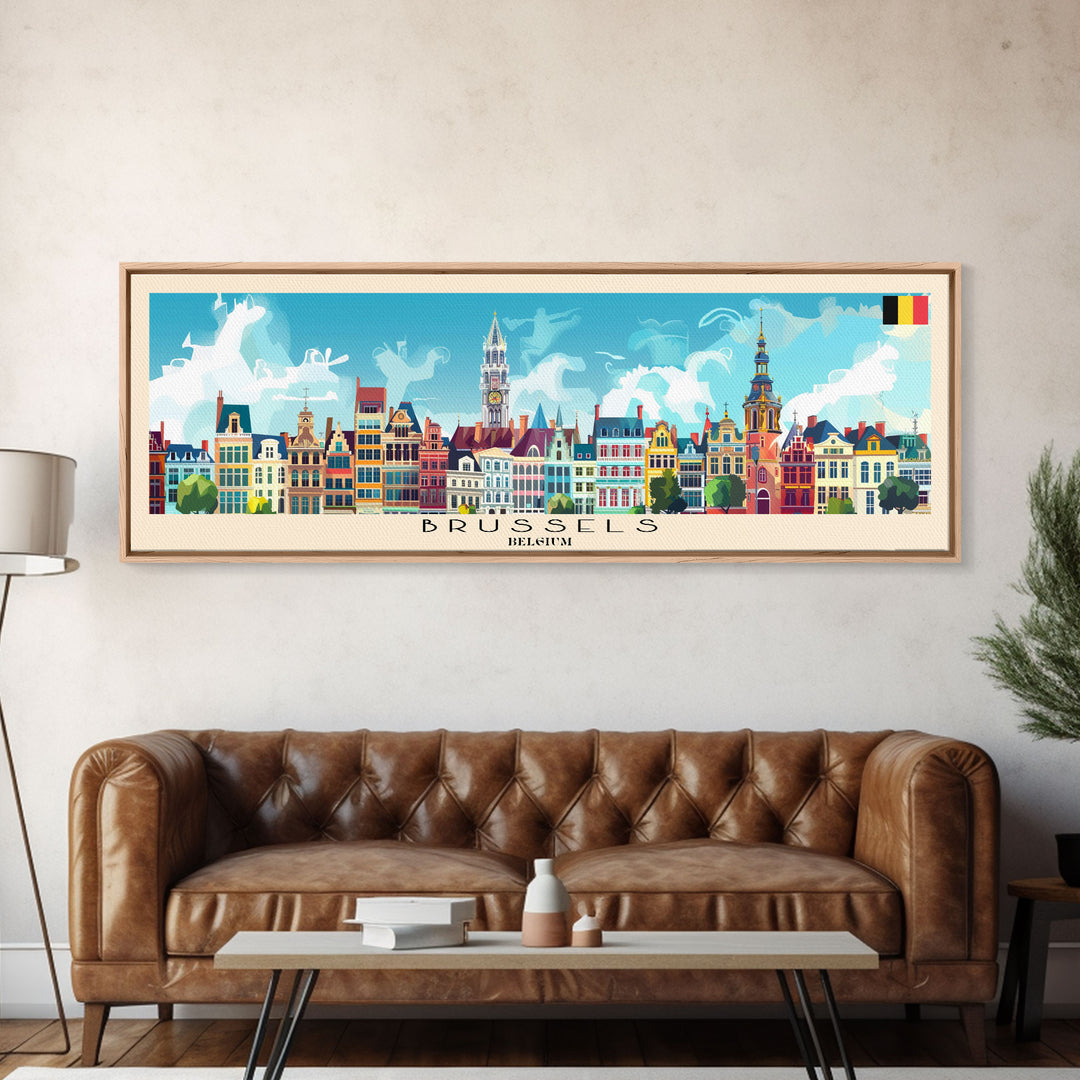 Brussels Belgium Panoramic Travel Poster, Framed Canvas Print or Metal Wall Art, Travel Art, Home Decor, Panoramic Painting, Midcentury Art