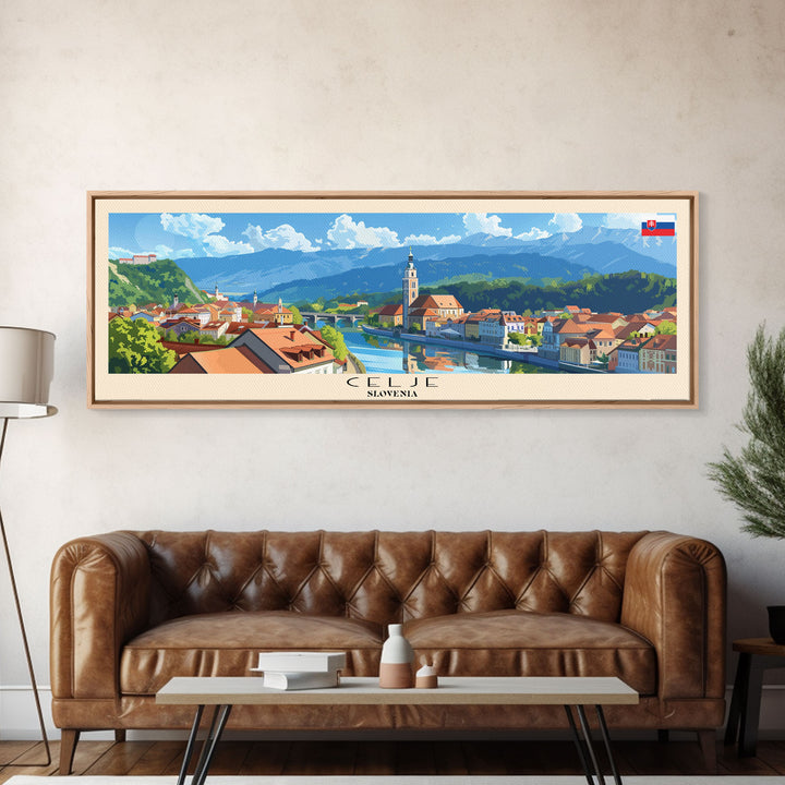 Celje Slovenia Panoramic Travel Poster, Framed Canvas Print or Metal Wall Art, Travel Art, Home Decor, Panoramic Painting, Midcentury Art