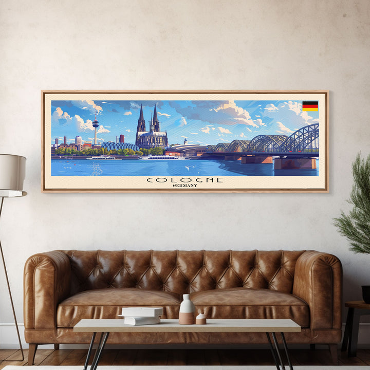 Cologne Germany Panoramic Travel Poster, Framed Canvas Print or Metal Wall Art, Travel Art, Home Decor, Panoramic Painting, Midcentury Art
