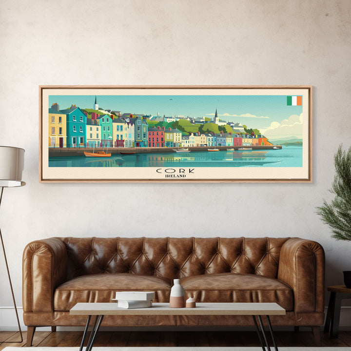 Cork Ireland Panoramic Travel Poster, Framed Canvas Print or Metal Wall Art, Travel Art, Home Decor, Panoramic Painting, Midcentury Art