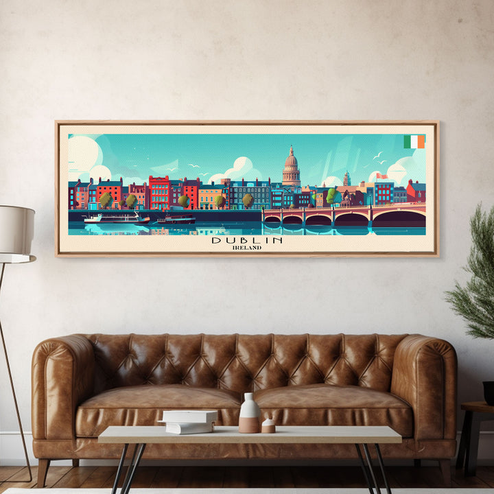 Dublin Ireland Panoramic Travel Poster, Framed Canvas Print or Metal Wall Art, Travel Art, Home Decor, Panoramic Painting, Midcentury Art