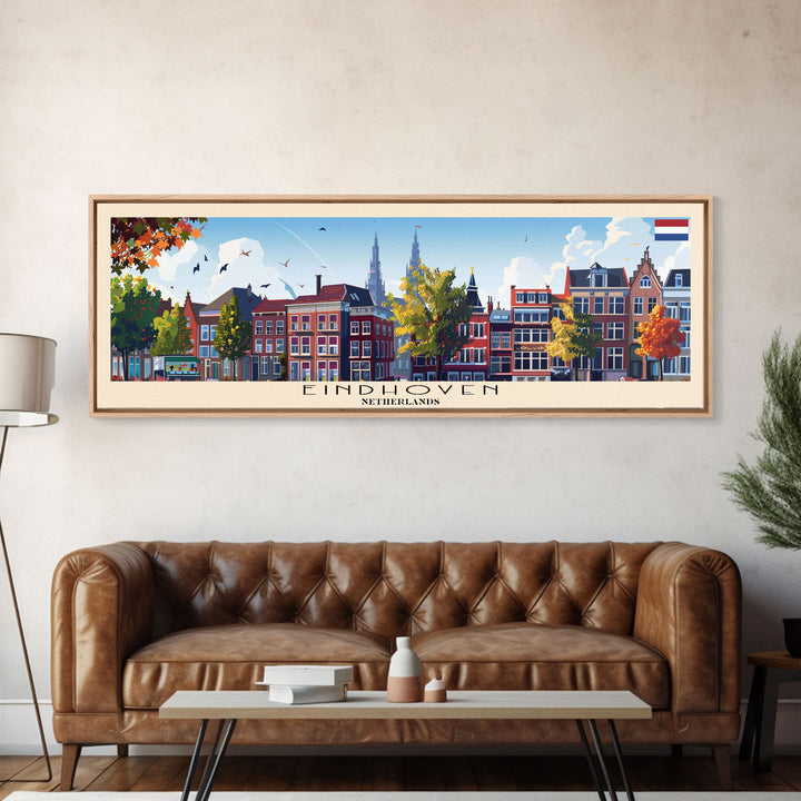 Eindhoven Netherlands Panoramic Travel Poster, Framed Canvas Print or Metal Wall Art, Travel Art, Home Decor, Panoramic Painting, Midcentury Art