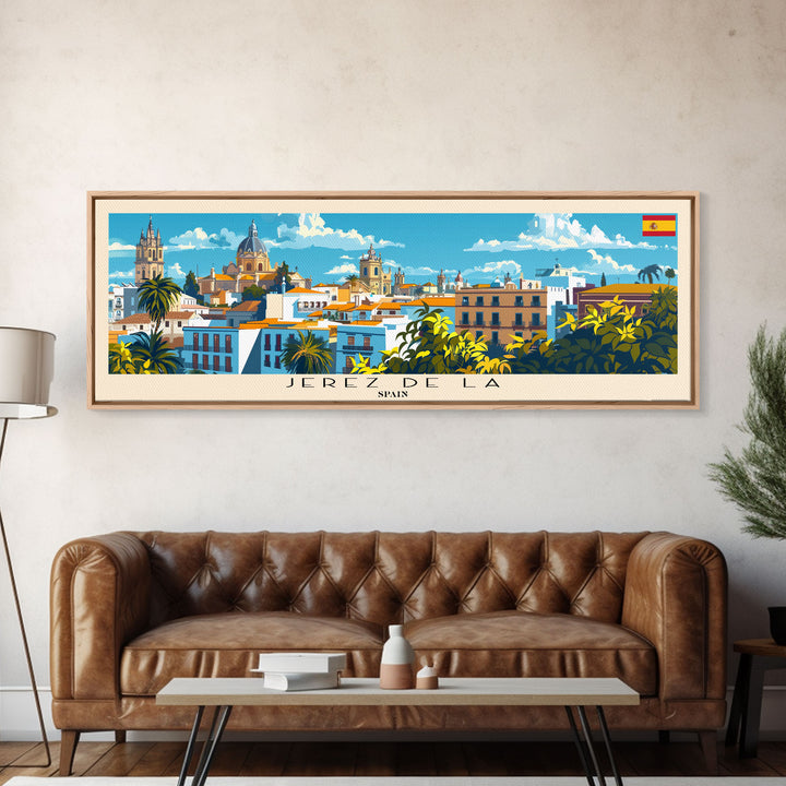Jerez D eLa Frontera Spain Panoramic Travel Poster, Framed Canvas Print or Metal Wall Art, Travel Art, Home Decor, Panoramic Painting, Midcentury Art