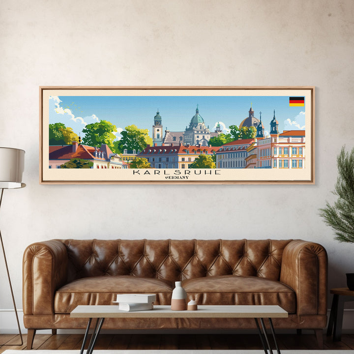 Karlsruhe Germany Panoramic Travel Poster, Framed Canvas Print or Metal Wall Art, Travel Art, Home Decor, Panoramic Painting, Midcentury Art