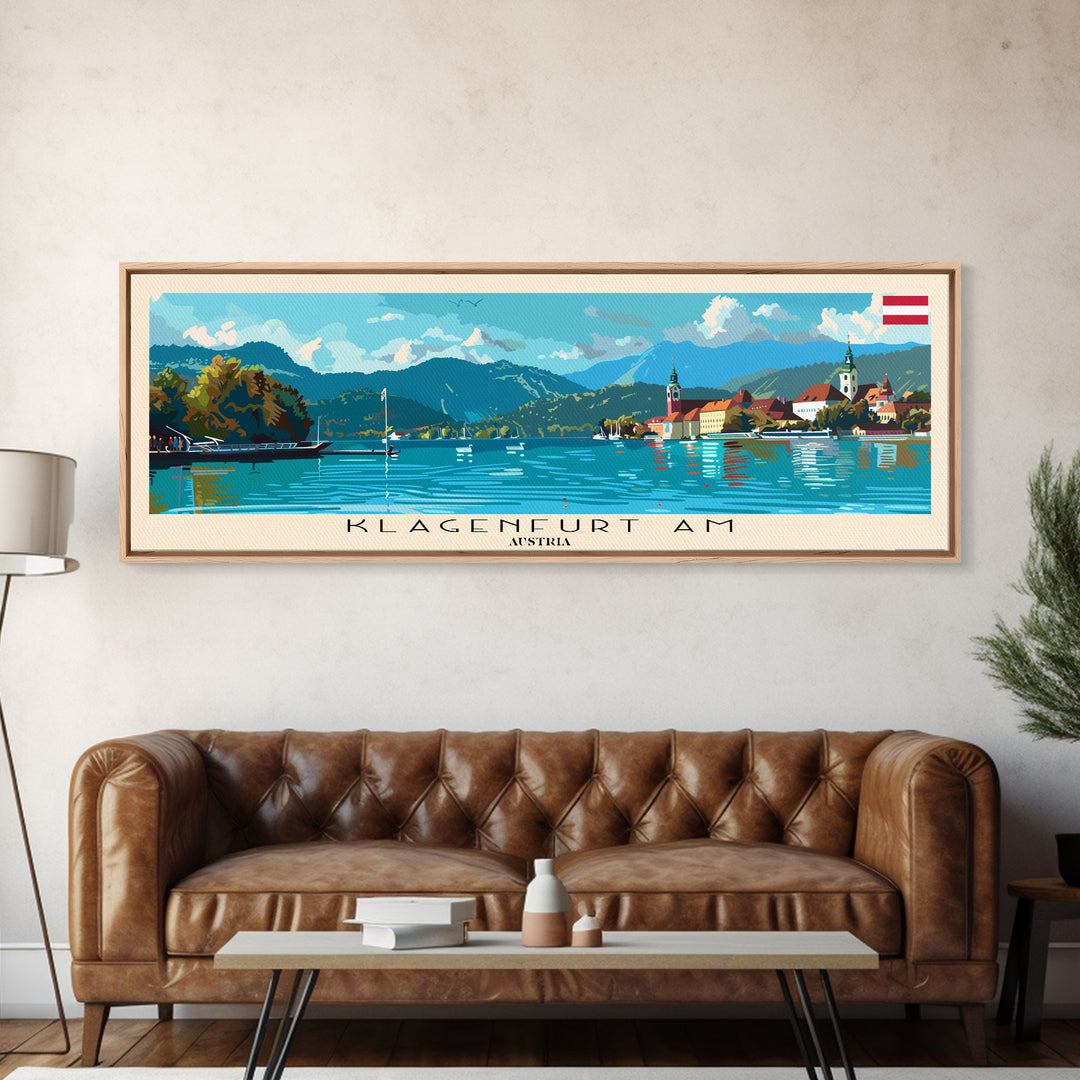 Klagenfurt Austria Panoramic Travel Poster, Framed Canvas Print or Metal Wall Art, Travel Art, Home Decor, Panoramic Painting, Midcentury Art