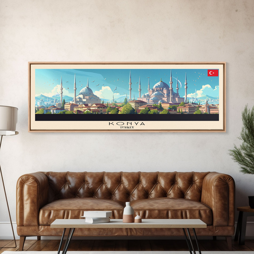 Konya Turkey Panoramic Travel Poster, Framed Canvas Print or Metal Wall Art, Travel Art, Home Decor, Panoramic Painting, Midcentury Art