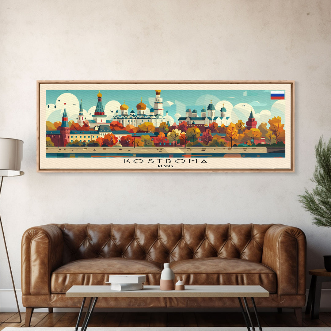 Kostroma Russia Panoramic Travel Poster, Framed Canvas Print or Metal Wall Art, Travel Art, Home Decor, Panoramic Painting, Midcentury Art
