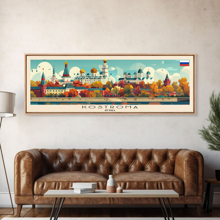 Kostroma Russia Panoramic Travel Poster, Framed Canvas Print or Metal Wall Art, Travel Art, Home Decor, Panoramic Painting, Midcentury Art