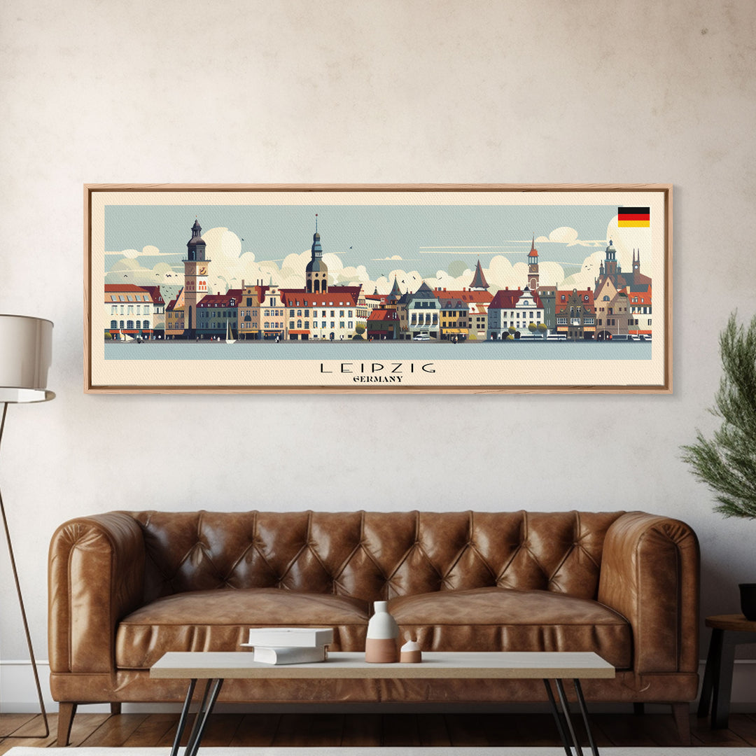 Leipzig Germany Panoramic Travel Poster, Framed Canvas Print or Metal Wall Art, Travel Art, Home Decor, Panoramic Painting, Midcentury Art