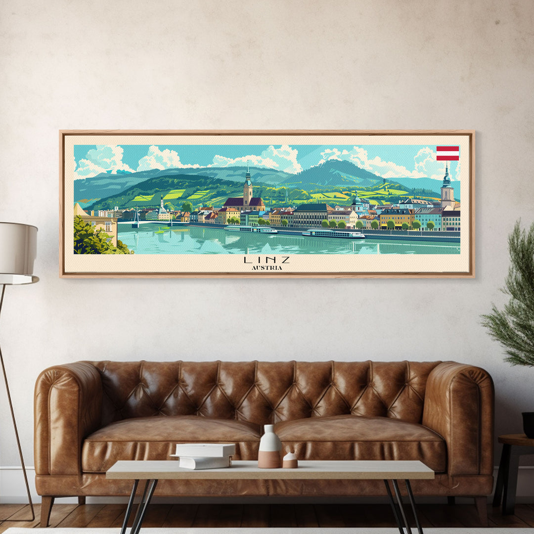 Linz Austria Panoramic Travel Poster, Framed Canvas Print or Metal Wall Art, Travel Art, Home Decor, Panoramic Painting, Midcentury Art