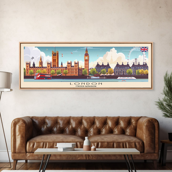 London United Kingdom Panoramic Travel Poster, Framed Canvas Print or Metal Wall Art, Travel Art, Home Decor, Panoramic Painting, Midcentury Art