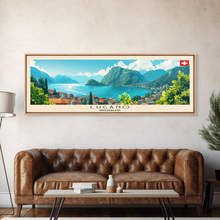 Lugano Switzerland Panoramic Travel Poster, Framed Canvas Print or Metal Wall Art, Travel Art, Home Decor, Panoramic Painting, Midcentury Art