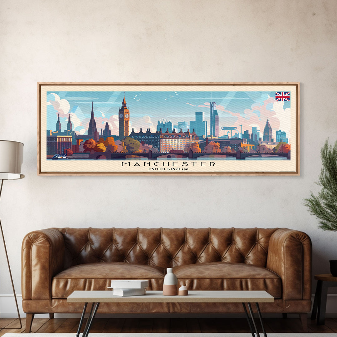 Manchester United Kingdom Panoramic Travel Poster, Framed Canvas Print or Metal Wall Art, Travel Art, Home Decor, Panoramic Painting, Midcentury Art
