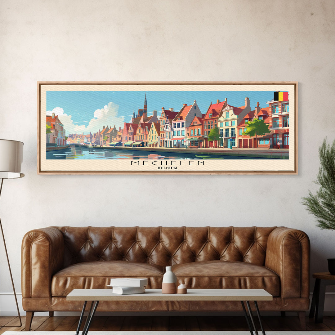 Mechelen Belgium Panoramic Travel Poster, Framed Canvas Print or Metal Wall Art, Travel Art, Home Decor, Panoramic Painting, Midcentury Art