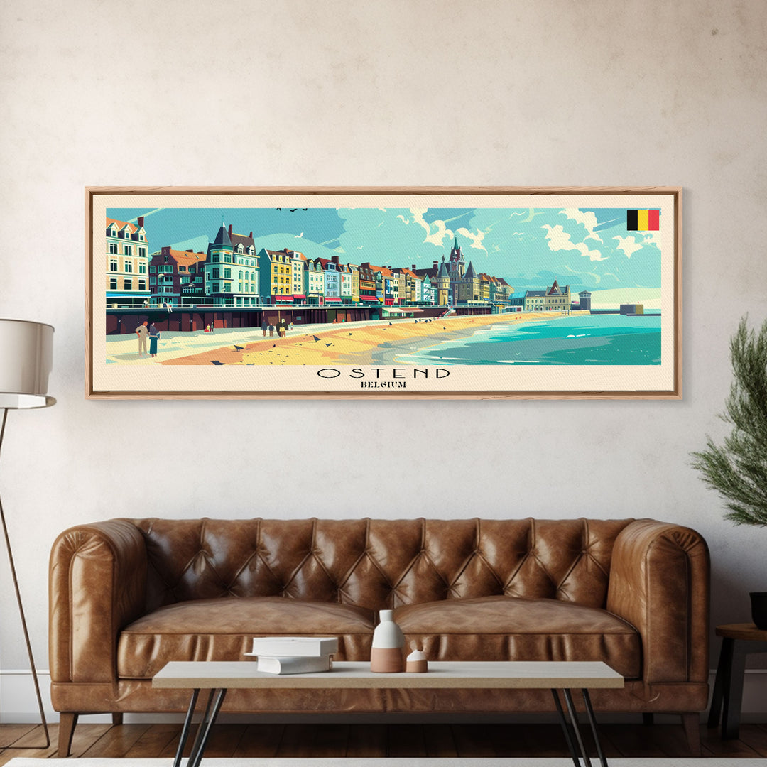 Ostend Belgium Panoramic Travel Poster, Framed Canvas Print or Metal Wall Art, Travel Art, Home Decor, Panoramic Painting, Midcentury Art