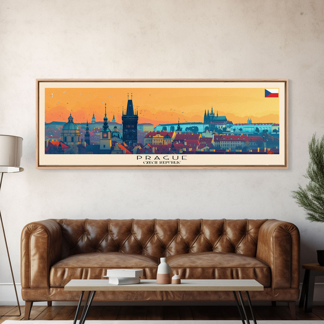 Prague Czech Republic Travel Art, City Art, Framed Canvas Print or Metal Wall Art, Europe Travel Poster, Panoramic Wall Art, Extra Wide Wall Art