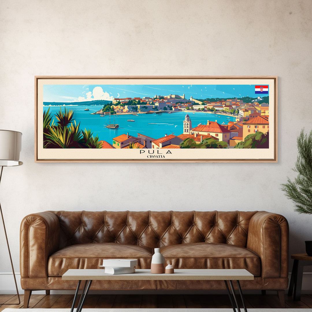 Pula Croatia Panoramic Travel Poster, Framed Canvas Print or Metal Wall Art, Travel Art, Home Decor, Panoramic Painting, Midcentury Art