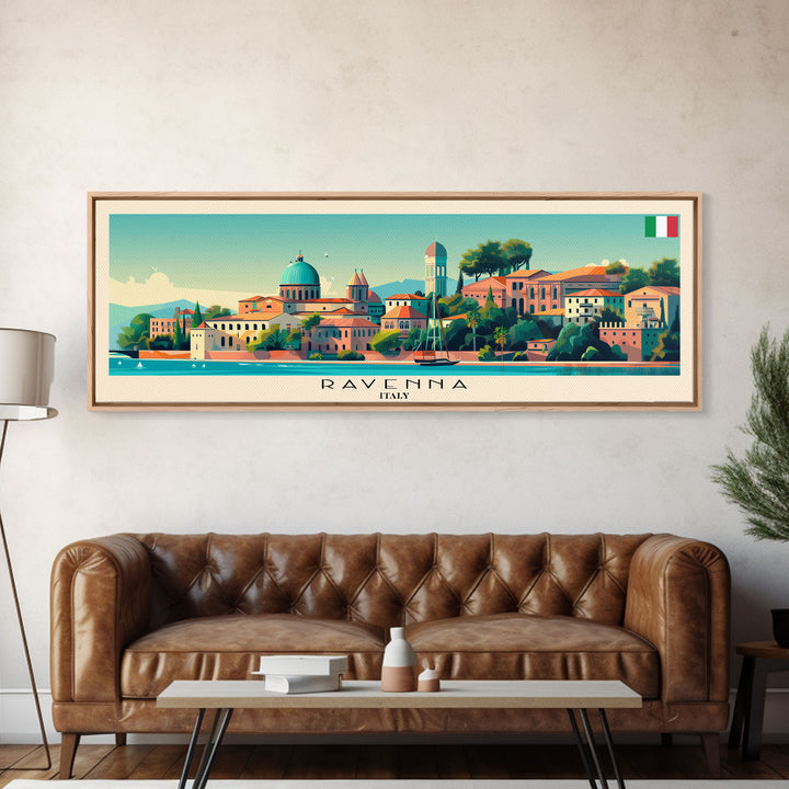 Ravenna Italy Panoramic Travel Poster, Framed Canvas Print or Metal Wall Art, Travel Art, Home Decor, Panoramic Painting, Midcentury Art