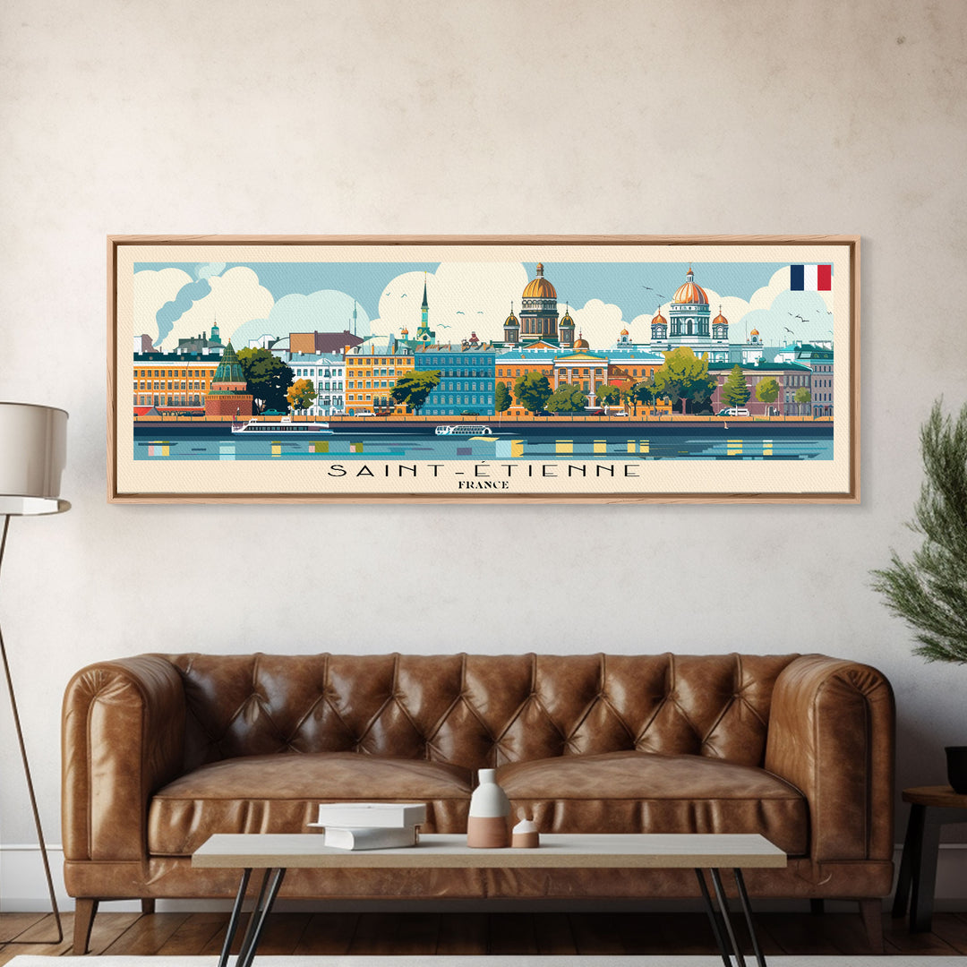Saint Etienne France Panoramic Travel Poster, Framed Canvas Print or Metal Wall Art, Travel Art, Home Decor, Panoramic Painting, Midcentury Art