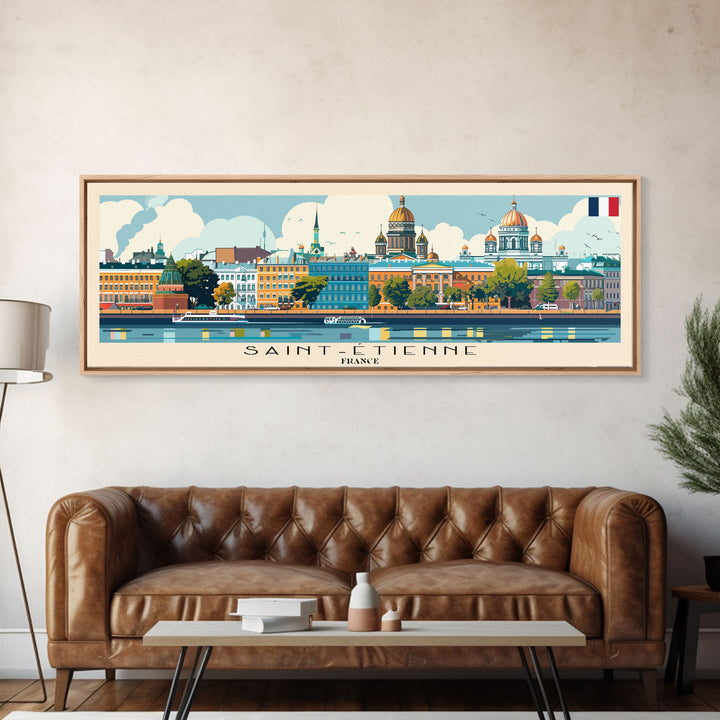 Saint Etienne France Panoramic Travel Poster, Framed Canvas Print or Metal Wall Art, Travel Art, Home Decor, Panoramic Painting, Midcentury Art
