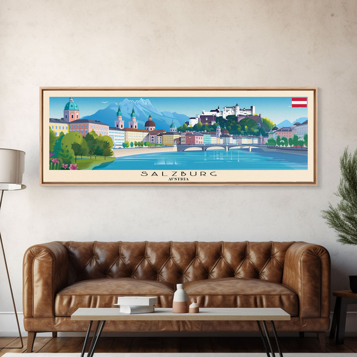 Salzburg Austria Panoramic Travel Poster, Framed Canvas Print or Metal Wall Art, Travel Art, Home Decor, Panoramic Painting, Midcentury Art