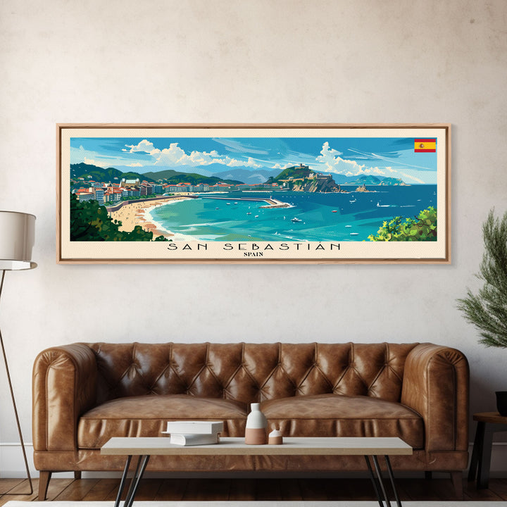 San Sebastian Spain Panoramic Travel Poster, Framed Canvas Print or Metal Wall Art, Travel Art, Home Decor, Panoramic Painting, Midcentury Art