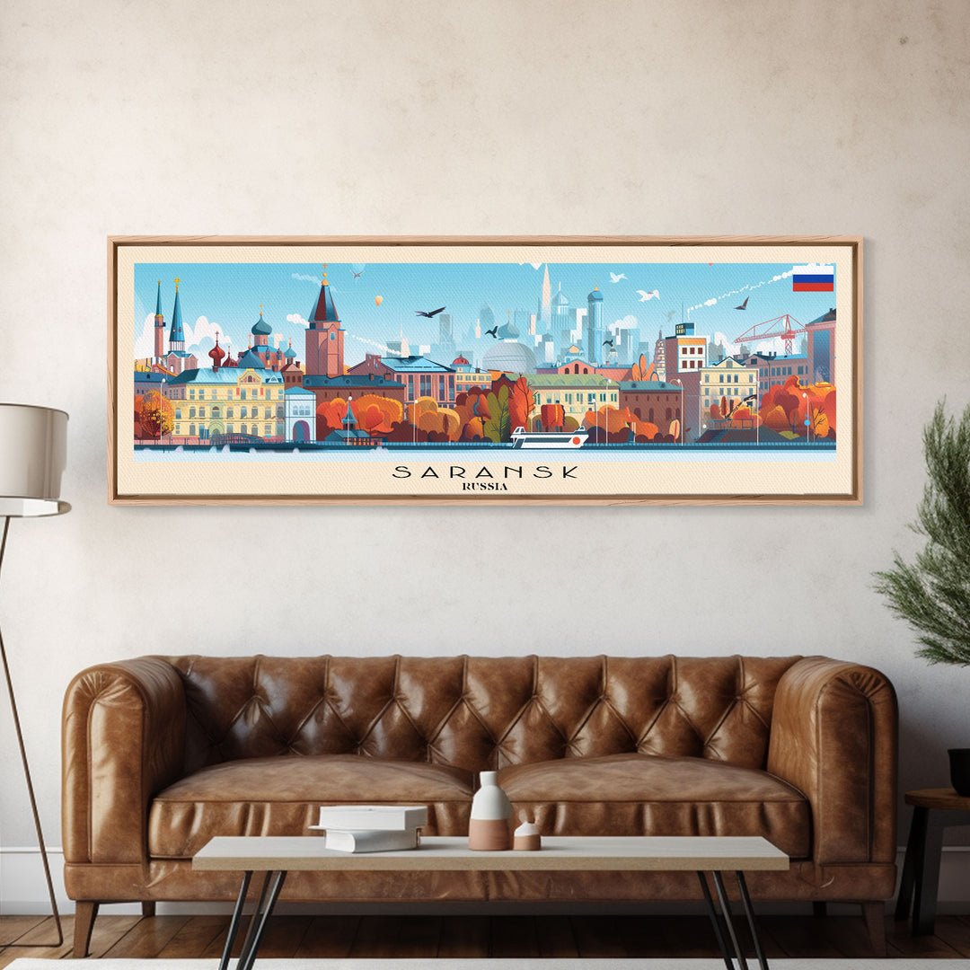 Saransk Russia Panoramic Travel Poster, Framed Canvas Print or Metal Wall Art, Travel Art, Home Decor, Panoramic Painting, Midcentury Art
