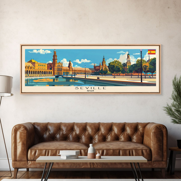 Seville Spain Panoramic Travel Poster, Framed Canvas Print or Metal Wall Art, Travel Art, Home Decor, Panoramic Painting, Midcentury Art