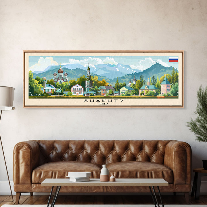 Shakhty Russia Panoramic Travel Poster, Framed Canvas Print or Metal Wall Art, Travel Art, Home Decor, Panoramic Painting, Midcentury Art