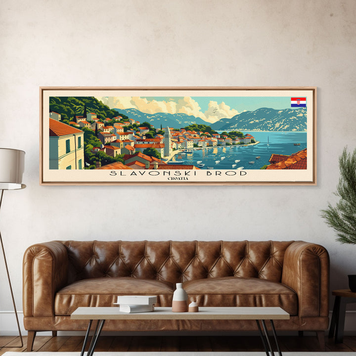 Slavonski Brod Croatia Panoramic Travel Poster, Framed Canvas Print or Metal Wall Art, Travel Art, Home Decor, Panoramic Painting, Midcentury Art