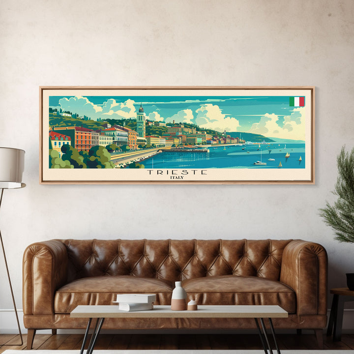 Trieste Italy Panoramic Travel Poster, Framed Canvas Print or Metal Wall Art, Travel Art, Home Decor, Panoramic Painting, Midcentury Art