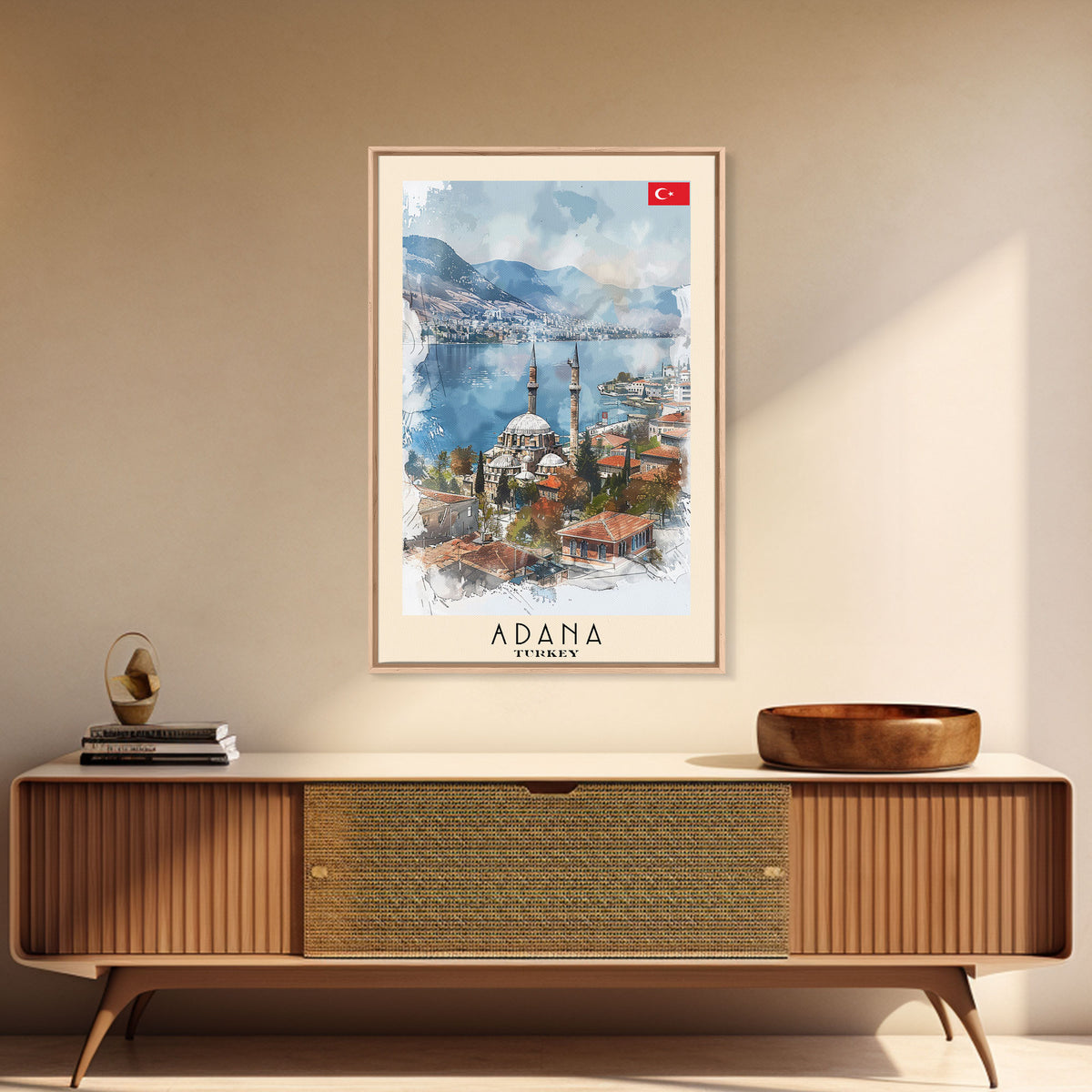 Majestic Adana Turkey Mosque View, Framed Canvas Print, Ideal for Living Room Art, Cultural Decor, Home Decoration